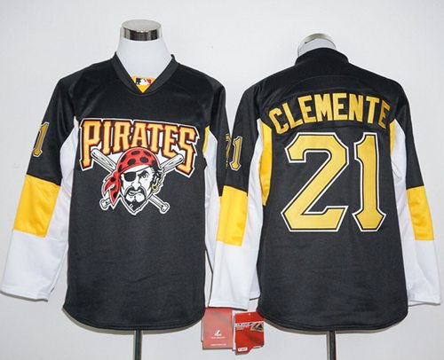 Pirates #21 Roberto Clemente Black Long Sleeve Stitched MLB Jersey